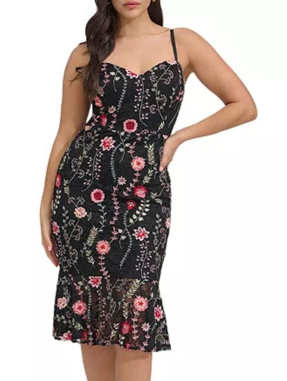 Nwt Sienna Black Floral Stretch Lace Sweetheart Spaghetti Strap Ruffle Hem Dress